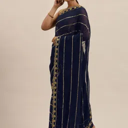 Sugathari Navy Blue Striped Zardozi Jamdani Saree-picture-36