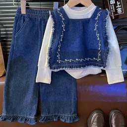 Xsole Girls Square Neck Denim Top With Trousers-image-13