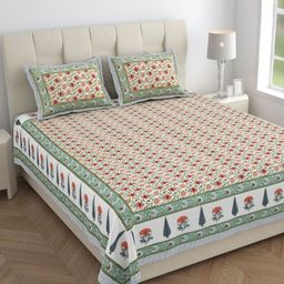 DE CAMA Olive Green & Red Floral Pure Cotton 210 TC King Bedsheet Set 2.28 x 2.74 Mts-image-50