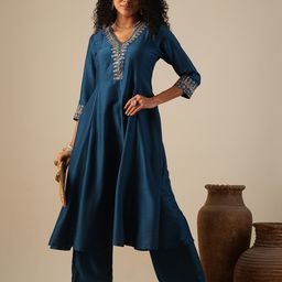 Globus Teal Blue Floral Yoke Design Panelled Zari Anarkali Kurta with Trousers-picture-47
