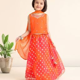 Babyhug Sleeveless Printed Choli & Lehenga Set With Dupatta & Embellishment - Orange-image-28