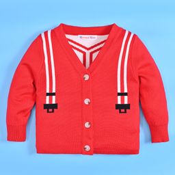 Kookie Kids Full Sleeves Front Open Sweater with Suspender Design - Red-image-71