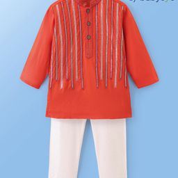 Babyoye Cotton Full Sleeves Embroidered Kurta & Pyjama Set - Red-image-11