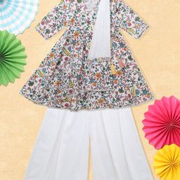 Nino Bambino 100% Cotton Half Sleeves Floral Swirl Printed Angrakha Style Kurta With Palazzo & Dupatta - White-image-34