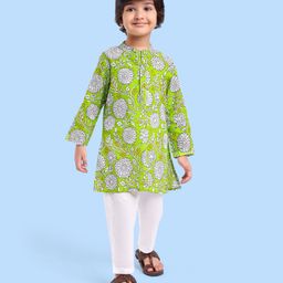 Babyhug Cotton Woven Full Sleeves Kurta & Pyjama Set With Floral Print - Green & White-image-120