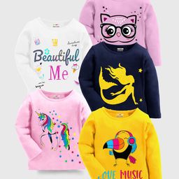 KUCHIPOO Pack Of 5 Full Sleeves Unicorn & Beautiful Me Printed Tees - Multi Colour-image-30