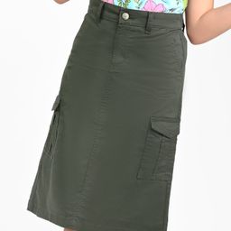 Pine Kids Cotton Woven Strechable Mid Calf Length Solid Skirt with Cargo Pockets - Olive Green-image-5