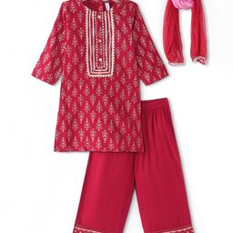 Babyhug Cotton Woven Three Fourth Sleeves Foil Printed Kurti Palazo  Set with Dupatta - Maroon-picture-44
