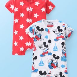 Babyhug Disney Interlock Cotton Knit Half Sleeves Rompers Star & Mickey Mouse Print Pack of 2 - Red & White-image-56