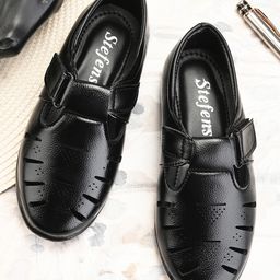 Stefens Laser Cut Out Velcro Closure Sandals - Black-image-93
