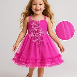 Babyhug Sleeveless  Fit & Flared Shimmered Party Frock with Floral Corsage & Frill Hem Detailing  - Pink-image-52