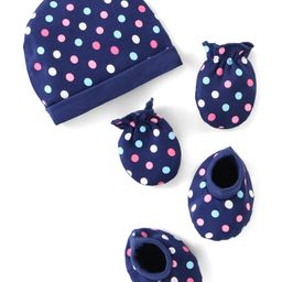 Babyhug 100% Cotton Cap Mittens & Booties Set Polka Dots Print - Navy Blue-image-85
