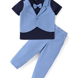 Babyhug Half Sleeves Solid Color T-Shirt & Bottom Set with Waistcoat & Bow Applique - Purple & Blue-image-43