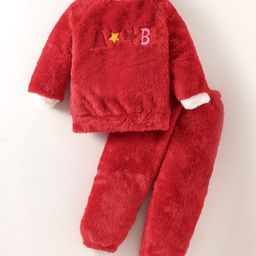 Kookie Kids Fur Woven Full Raglan Sleeves Winter Night Suit with Text Patch Detailing - Red-image-11