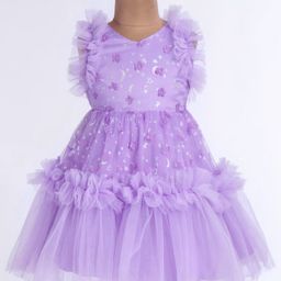 Mark & MiaSleeveless Star & Moon Printed Party Frock with Frill & Floral Detailing - Purple-image-98