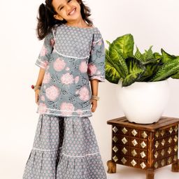 The Mom Store Cotton Three Fourth Sleeves Floral Printed Kurta Sharara Set - Teal Blue-picture-27