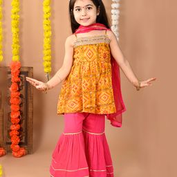 Kinder Kids Muslin Sleeveless Bandhani Printed & Gota Lace Embellished Kurta Sharara With Dupatta - Yellow & Pink-picture-23