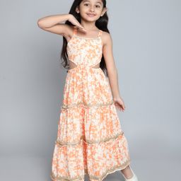 Taffykids Rayon Sleeveless Abstract Printed & Lace Embellished Back Tie Up Ethnic Gown - Orange-image-37