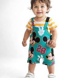 Babyhug Disney Single Jersey Knit Dungaree & Half Sleeves Striped T-Shirt With Mickey Mouse Graphics - Turquoise & Yellow-image-81
