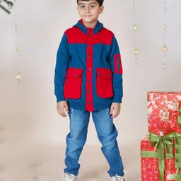 Kiddopanti Fleece Full Sleeves Bellow Cargo Pocket Hooded Sweatshirt With Jeans - Teal Blue & Red & Blue-picture-15