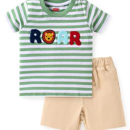 Babyhug Single Jersey Knit Half Sleeves Striped T-Shirt & Shorts Set with Roar Applique - Green & Beige-image-59