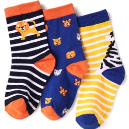 Cute Walk by Babyhug Knit Ankle Length Antibacterial Socks with Animal Design & Stripes Pack of 3 - White Black & Yellow-image-64