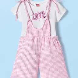 Twetoons Cotton Woven Half Sleeves T-Shirt & Dungree Style Romperwith Checks & Love Text Print - Pink-picture-3