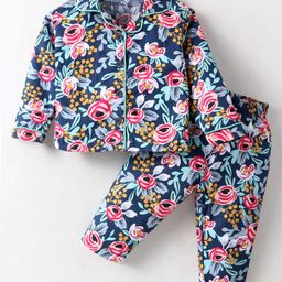 Doreme Cotton Knit Full Sleeves Co-ords Night Suit with Floral Print - Blue-image-22