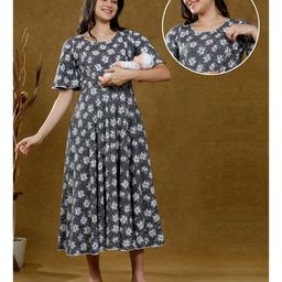 Dummy Shape Half Bell Sleeves Floral Printed Maternity Kurta With Nursing Access - Grey-picture-28