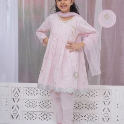 Little Bansi 100% Cotton Three Fourth Sleeves Floral Embroidered Lace Embellished Angrakha Style Kurta Churidar With Dupatta Set - Pink-image-78