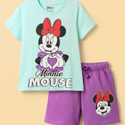 HoneyHap Disney Single Jersey Knit Half Sleeves Shorts Night Suit with Minnie Mouse Family Graphics - Light Blue & Purple-image-83