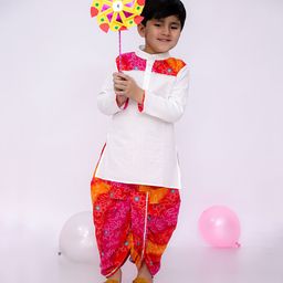 BownBee Pure Cotton Full Sleeves Bandhani Printed Dhoti Kurta Set - White-image-6