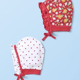 Babyhug Interlock Knit Caps With Polka Dots & Floral Print Pack Of 2 Red & White - Diameter 10 cm-image-66