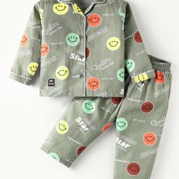 Enfance Core Cotton Woven Full Sleeves Smiley & Follow Me Text Printed Coordinating Night Suit Set - Green-image-94