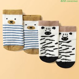 Babyoye Cotton Bamboo Knit Ankle Length Anti-skid Socks with Stripes & Animal Design Pack of 2 - Brown & Off White-image-81