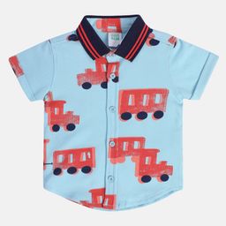MINI KLUB Cotton Half Sleeves Vehicles Printed Shirt - Blue-image-23