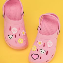 Yellow Bee Solid Clogs With Panda & Floral Charms - Pink-image-93