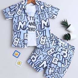 Ministitch Cotton Half Sleeves Typography Printed Shirt With Coordinating Shorts & Inner Tee Set - Blue-image-61