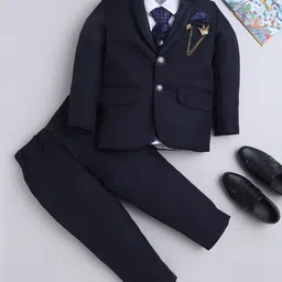 BT DEZINES Cotton Blend Woven Full Sleeves Solid 4 Piece Party Suit Set With Tie - Navy Blue-picture-19