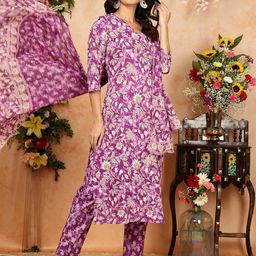 GULMOHAR JAIPUR Women Floral Printed Regular Pure Cotton Kurta with Trousers & With Dupatta-picture-15