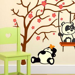 LANSTICK Black & White Cute Panda Swinging Under A Tree Self Adhesive Wall Sticker-6