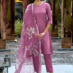 AWRIYA Keyhole Neck Straight Kurta With Trousers & Dupatta-image-46