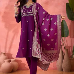 SAINOOR Ethnic Motifs Embroidered Notch Neck Beads & Stones Kurta With Trousers & Dupatta-picture-58