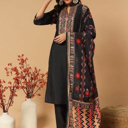 Anouk Black Ethnic Motifs Embroidered Chanderi Silk Kurta with Trousers & Dupatta-picture-48
