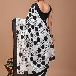 Crafts Moda Geometric Pure Cotton Block Print Saree image 2
