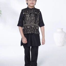 Ministitch Boys Black Cotton Regular Fit Embroidered Kurta Set-33
