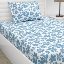 Haus & Kinder Bluebell Whisper Blue Cotton Floral 144 TC Single Bedsheet with 2 Pillow Cover-image-65