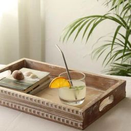 House This Shankh Brown & White Wooden Serving Tray - Set of 1-0