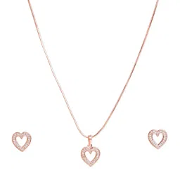 Zaveri Pearls Rose Gold Cubic Zirconia Hollow Heart Pendant With Chain & Stud Earring Set-ZPFK11034 image 3