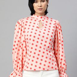 plusS Cream-Coloured & Red Polka Dots Print Bell Sleeves Keyhole Neck Top-picture-50